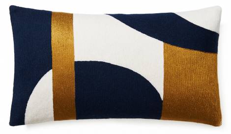 Judy Ross Textiles Hand-Embroidered Chain Stitch LUNA_14x24 Throw Pillow cream/navy/gold rayon